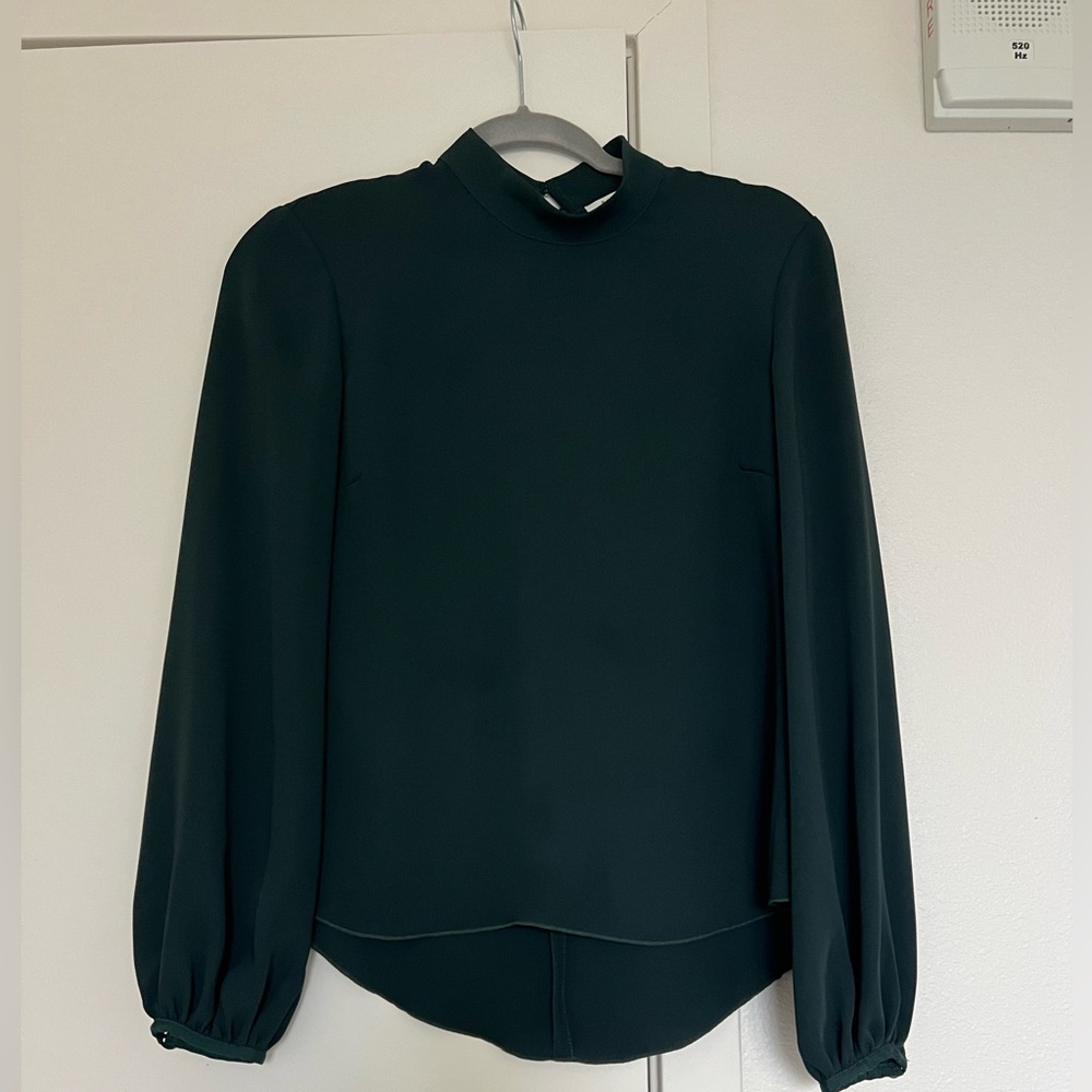 Babaton Green Bishop Sleeve Blouse with Mandarin Collar